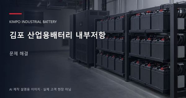김포 산업용배터리 내부저항 문제 해결 안내 표지: 밀폐형 산업용배터리 랙과 충전기, 확보된 유지관리 통로 (AI 제작 설명용 이미지)
