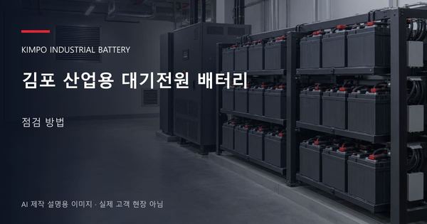 김포 산업용 대기전원 배터리 점검 방법 안내 표지: 밀폐형 산업용배터리 랙과 충전기, 확보된 유지관리 통로 (AI 제작 설명용 이미지)