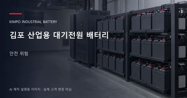 김포 산업용 대기전원 배터리 안전 위험 안내 표지: 밀폐형 산업용배터리 랙과 충전기, 확보된 유지관리 통로 (AI 제작 설명용 이미지)