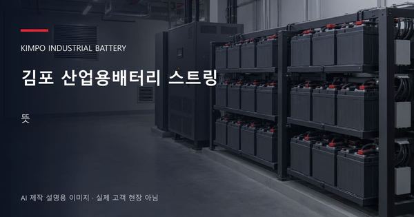 김포 산업용배터리 스트링 뜻 안내 표지: 밀폐형 산업용배터리 랙과 충전기, 확보된 유지관리 통로 (AI 제작 설명용 이미지)