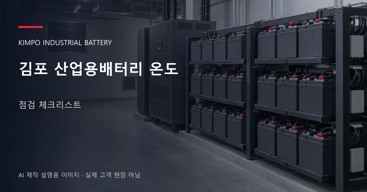 김포 산업용배터리 온도 점검 체크리스트 안내 표지: 밀폐형 산업용배터리 랙과 충전기, 확보된 유지관리 통로 (AI 제작 설명용 이미지)