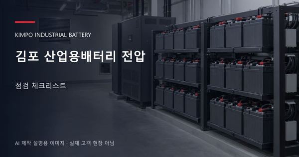 김포 산업용배터리 전압 점검 체크리스트 안내 표지: 밀폐형 산업용배터리 랙과 충전기, 확보된 유지관리 통로 (AI 제작 설명용 이미지)