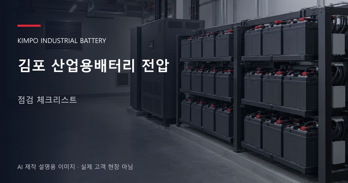 김포 산업용배터리 전압 점검 체크리스트 안내 표지: 밀폐형 산업용배터리 랙과 충전기, 확보된 유지관리 통로 (AI 제작 설명용 이미지)
