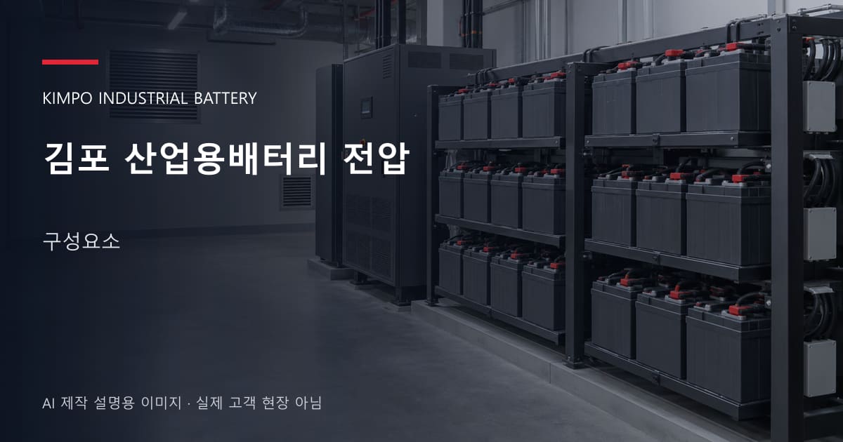 김포 산업용배터리 전압 구성요소 안내 표지: 밀폐형 산업용배터리 랙과 충전기, 확보된 유지관리 통로 (AI 제작 설명용 이미지)