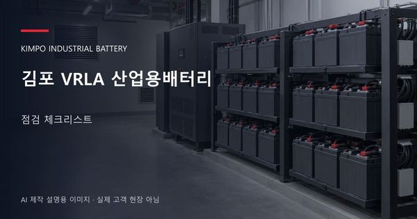 김포 VRLA 산업용배터리 점검 체크리스트 안내 표지: 밀폐형 산업용배터리 랙과 충전기, 확보된 유지관리 통로 (AI 제작 설명용 이미지)