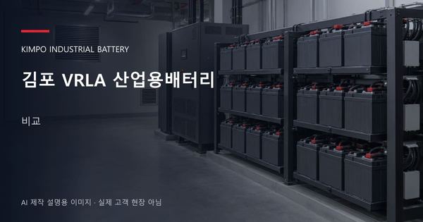 김포 VRLA 산업용배터리 비교 안내 표지: 밀폐형 산업용배터리 랙과 충전기, 확보된 유지관리 통로 (AI 제작 설명용 이미지)