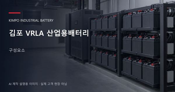 김포 VRLA 산업용배터리 구성요소 안내 표지: 밀폐형 산업용배터리 랙과 충전기, 확보된 유지관리 통로 (AI 제작 설명용 이미지)