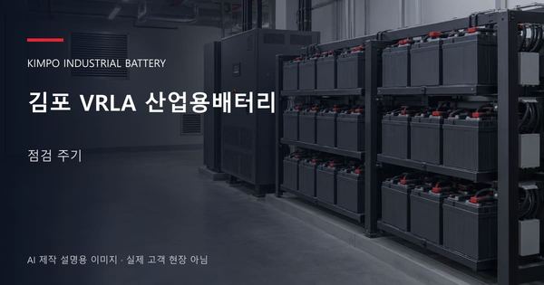 김포 VRLA 산업용배터리 점검 주기 안내 표지: 밀폐형 산업용배터리 랙과 충전기, 확보된 유지관리 통로 (AI 제작 설명용 이미지)