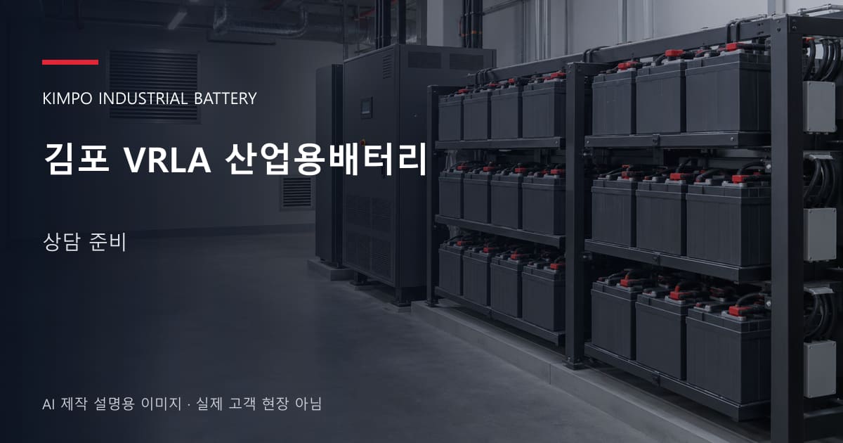 김포 VRLA 산업용배터리 상담 준비 안내 표지: 밀폐형 산업용배터리 랙과 충전기, 확보된 유지관리 통로 (AI 제작 설명용 이미지)