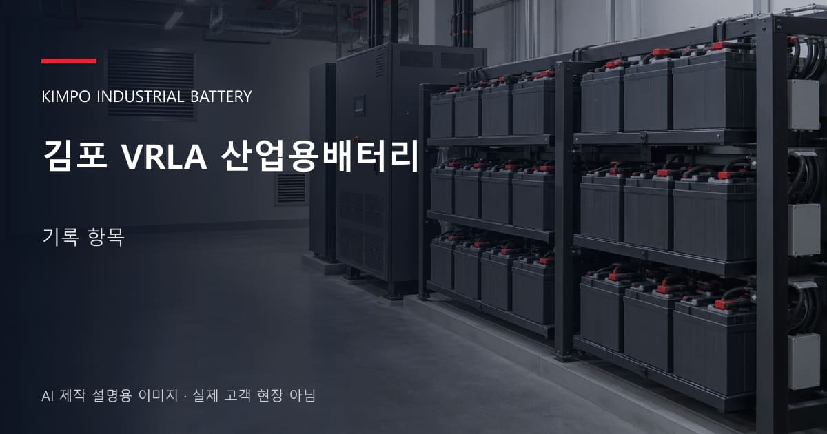 김포 VRLA 산업용배터리 기록 항목 안내 표지: 밀폐형 산업용배터리 랙과 충전기, 확보된 유지관리 통로 (AI 제작 설명용 이미지)