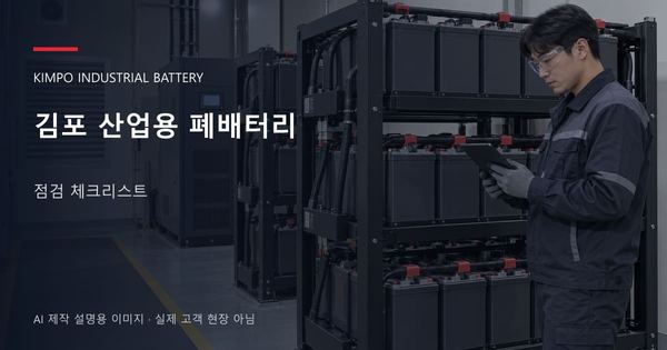 김포 산업용 폐배터리 점검 체크리스트 안내 표지: 보호안경을 착용하고 배터리 랙 옆에서 점검표를 확인하는 기술자 (AI 제작 설명용 이미지)