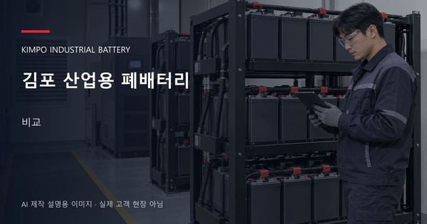 김포 산업용 폐배터리 비교 안내 표지: 보호안경을 착용하고 배터리 랙 옆에서 점검표를 확인하는 기술자 (AI 제작 설명용 이미지)