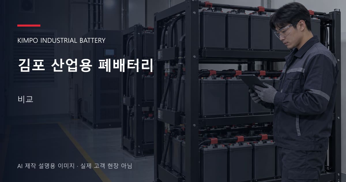 김포 산업용 폐배터리 비교 안내 표지: 보호안경을 착용하고 배터리 랙 옆에서 점검표를 확인하는 기술자 (AI 제작 설명용 이미지)